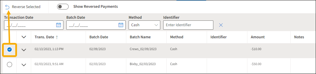 Payment History page with a selected payment's radio button and a yellow arrow pointing to Reverse Selected icon.